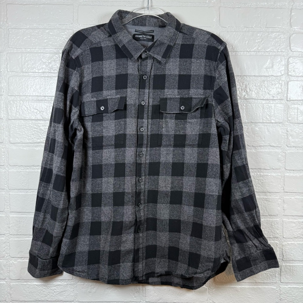 Kenneth Cole Flannel Shirt Mens XL Gray Black Buffalo Check Cabincore Lumberjack